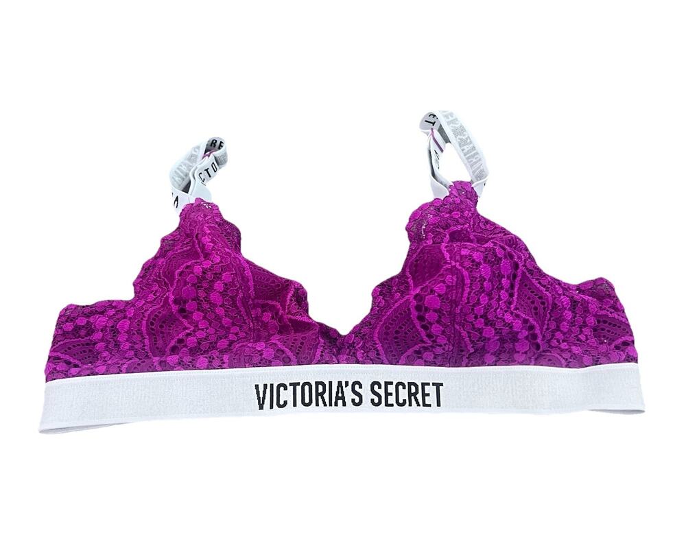 Victoria Secret Lace Bralette Bra Pink Fuscia Wireless Logo Bohemian Boho Small